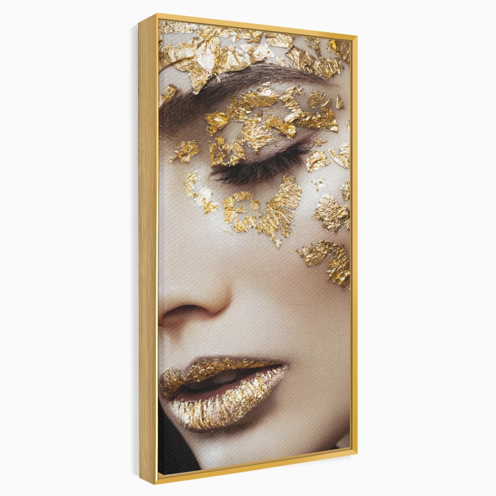 Tablou canvas cu portret feminin cu aplicatii aurii, in rama de aluminiu auriu